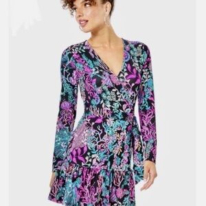 Lilly Pulitzer Misha Onyx Twilight Coral Jersey Ruffle Wrap Romper Dress